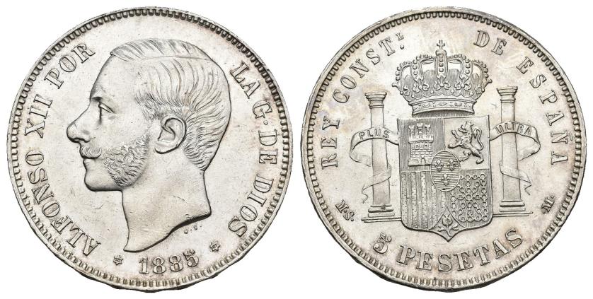 584   -  ALFONSO XII. 5 pesetas. 1885 *87. MSM. AR 24,92 g. 37,5 mm. VII-93. Limpiada. EBC+.