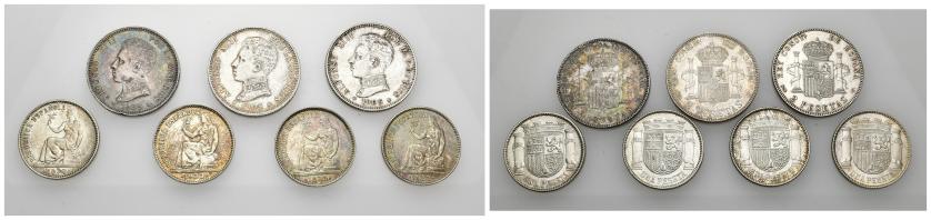 585   -  ALFONSO XIII. Lote de 7 monedas: Alfonso XIII 2 pts. 1905(3) y 1 pta. II República 1933 (4). De MBC+ a EBC.