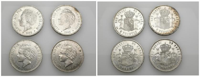 586   -  ALFONSO XIII. Lote de 4 monedas de 5 pesetas. 1892(2), 1893 (1) y 1894 (1). Alguna con golpecitos en canto. MBC+/EBC-. 