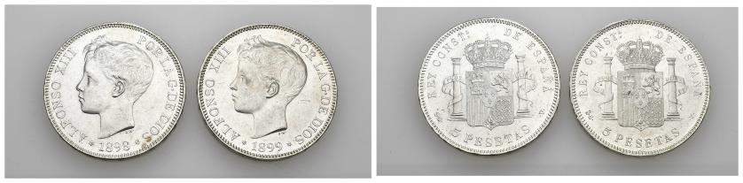 587   -  ALFONSO XIII. Lote de 2 monedas de 5 pesetas. 1898 y 1899. Pequeñas marcas. R.B.O. EBC+.