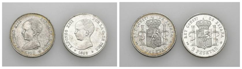588   -  ALFONSO XIII. Lote de 2 monedas de 2 pesetas. 1892. PGM. VII-173. MBC+/EBC-. 