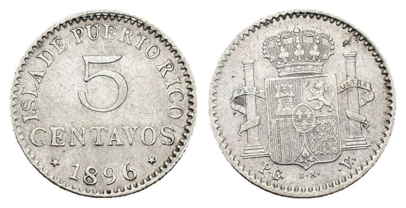 589   -  ALFONSO XIII. 5 centavos. Puerto Rico. 1896. PGV. AR 1,35 g. 8 mm. VII-139. Rayitas. MBC.