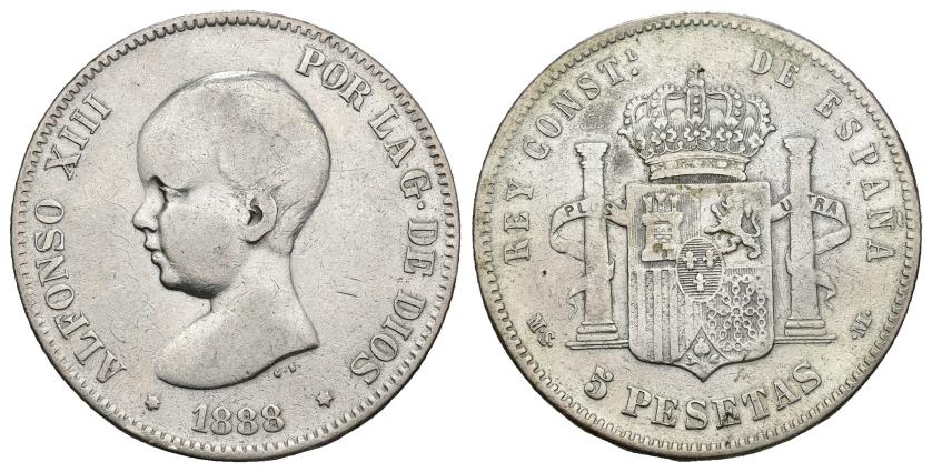 590   -  ALFONSO XIII. 5 pesetas. 1888*--. Madrid. MSM. VII-1771. AR 24,16 g. 37,4 mm. Rara. Golpecito en anv. y pequeñas marcas. MBC-. Rara.