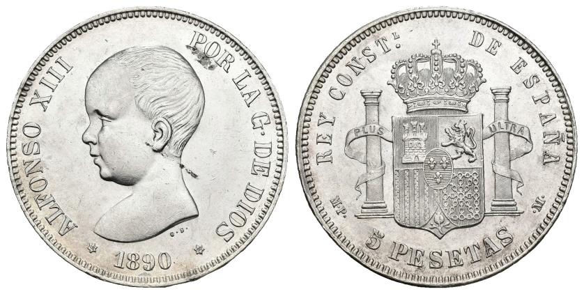 592   -  ALFONSO XIII. 5 pesetas. 1890. MPM. AR 25,04 g. 37,4 mm. VII-180. Pequeñas marcas. EBC+.