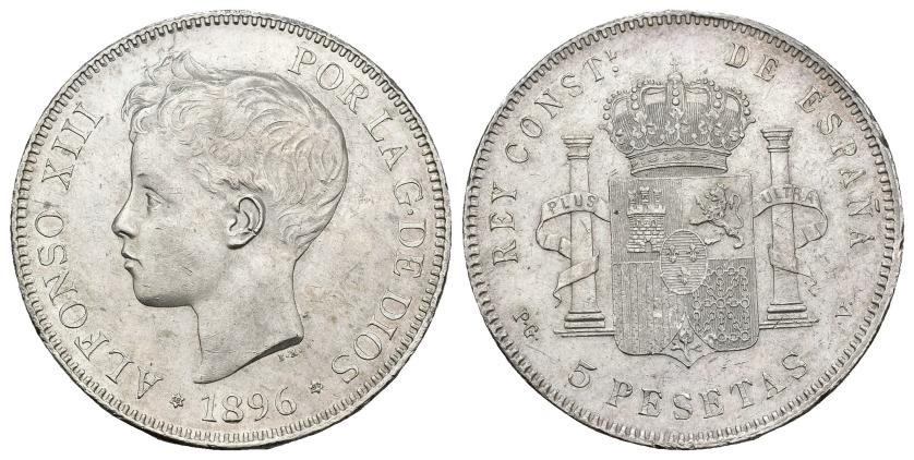 593   -  ALFONSO XIII. 5 pesetas. 1896. Madrid. PGV. AR 24,90 g. 37,3 mm. VII-188. Pequeñas marcas. R.B.O. EBC+.
