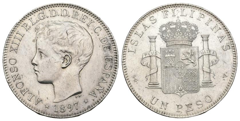 595   -  ALFONSO XIII. 1 peso. 1897. Manila. SGV. AR 25,1 g. 37,3 mm. VII-192. Leve oxidación limpiada. EBC-. 