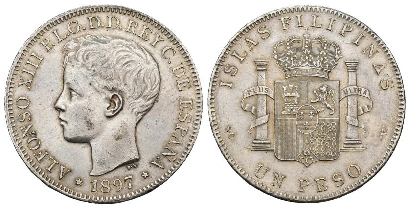 596   -  ALFONSO XIII. 1 peso. 1897. Manila. SGV. AR 24,78 g. 37,4 mm. VII-192. Pequeñas marcas. MBC+.