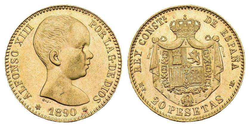 597   -  ALFONSO XIII. 20 pesetas 1890 *18-90. Madrid. MPM. AR 6,45 g. 20,9 mm. VII-195. R.B.O. EBC+. 