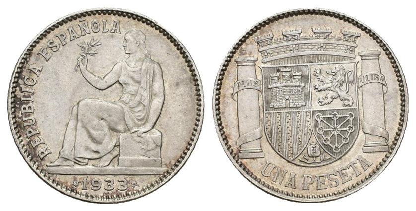 598   -  II REPÚBLICA. 1 peseta. 1933*3-4. Reverso girado 30º. AR 4,94 g. 23,1 mm. VII-218.1. MBC+.