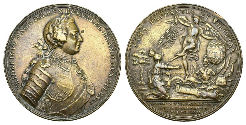 618   -  MONEDAS EXTRANJERAS. ESTADOS ALEMANES. PRUSIA. Federico el Grande. Medalla conmemorativa de la toma de Praga (1757). AE 38,28 mm. 47,9 mm. Pequeñas marcas. MBC+.