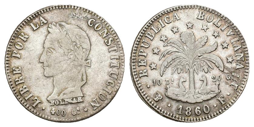 631   -  MONEDAS EXTRANJERAS. BOLIVIA. 8 soles. 1860. FJ. "400Gs". AR 19,68 g. 36 mm. MBC-/MBC.