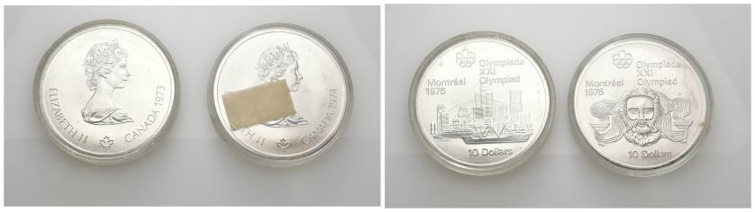 633   -  MONEDAS EXTRANJERAS. CANADÁ. Lote de 2 piezas de 10 dólares. 1973 y 1974. Olimpiadas de Montreal. SC.