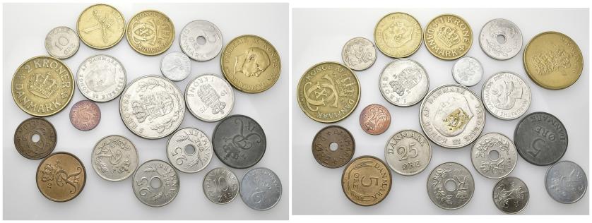 638   -  MONEDAS EXTRANJERAS. DINAMARCA. Lote de 19 monedas. MBC/EBC.