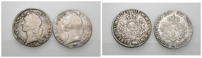 644   -  MONEDAS EXTRANJERAS. FRANCIA. Lote de 2 piezas de 1 écu de Luis XV (1765 y 1769). KM-512 y KM-518. Uno con agujero. BC+/MBC-. 