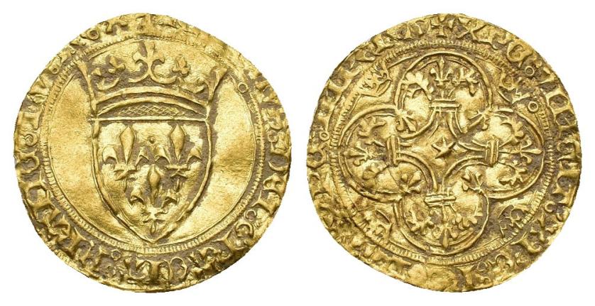 647   -  MONEDAS EXTRANJERAS. FRANCIA. Carlos VI. Escudo de oro. R/ Estrella de cinco rayos en el centro de la cruz. AU 3,82 g. 28,5 mm. Dup-369B. Algo alabeada. MBC