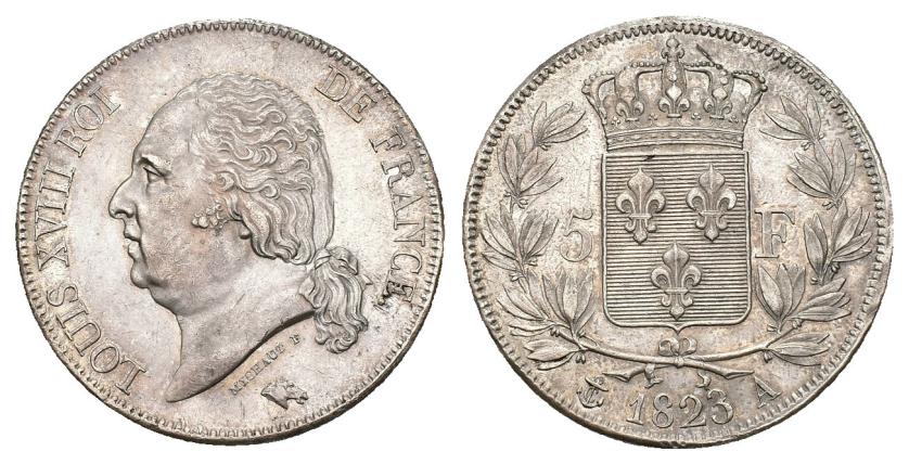649   -  MONEDAS EXTRANJERAS. FRANCIA. Luis XVIII. 5 francos. 1823. A. París. AR 25,02 g. 37,1 mm. KM-711.1. EBC-.