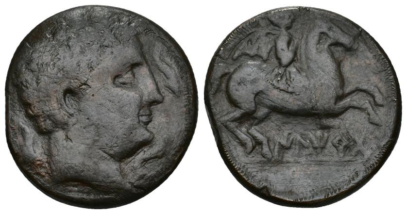 65   -  HISPANIA ANTIGUA. ILTIRTA. As. A/ Cabeza masculina a der., alrededor tres delfines. R/ Jinete con palma a der., debajo sobre línea ILTiRTa. AE 23,84 g. 32,8 mm. I-1461. ACIP-1236. Campos repasados. Pátina oscura. BC+. Escasa. Ex Hervera, 6-7-1993.