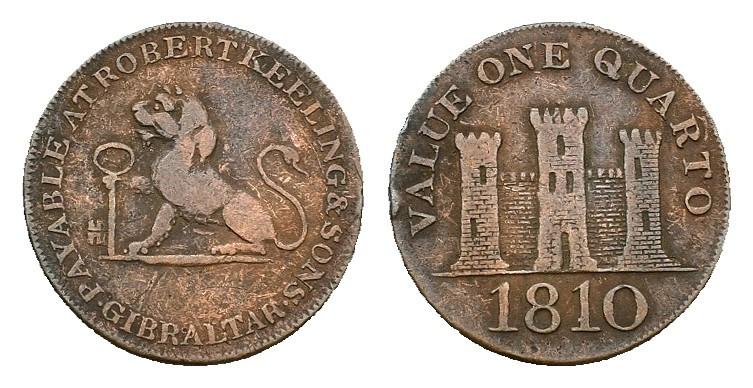 653   -  MONEDAS EXTRANJERAS. GIBRALTAR. Quarto. 1810. Dígitos grandes. Cu 3,49 g. 20,8 mm. KM-Tn3.1. MBC-. 