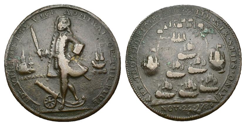 654   -  MONEDAS EXTRANJERAS. GRAN BRETAÑA. Medalla del almirante Vernon. Toma de Portobello. 1739. AE 13,56 g. 37,5 mm. Leve oxidación en rev. MBC-. 