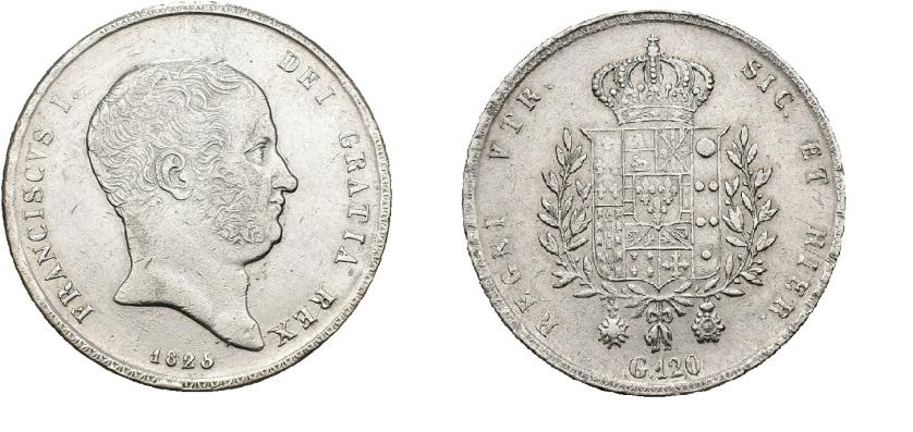 665   -  MONEDAS EXTRANJERAS. ESTADOS ITALIANOS. REINO DE LAS DOS SICILIAS. Francisco I. 120 grana. 1825. Nápoles. AR 27,5 g. 37,4 mm. KM-C.137. Pequeñas marcas. MBC+.