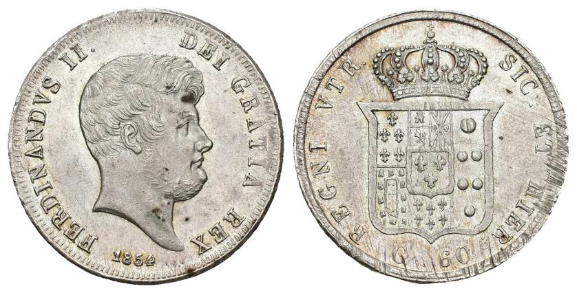 668   -  MONEDAS EXTRANJERAS. ESTADOS ITALIANOS. REINO DE LAS DOS SICILIAS. Fernando II. 1/2 piastra (60 g.)1854. Nápoles. AR 13,82 g. 30,6 mm. KM-C.152c. Rayitas de acuñación en gráfila del rev. B.O. EBC+.