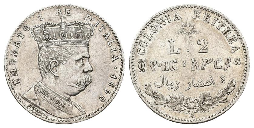 671   -  MONEDAS EXTRANJERAS. ITALIA. Humberto I. 2 liras. 1890. R. Eritrea. AR 9,45 g. 27,2 mm. KM-3. MBC+.