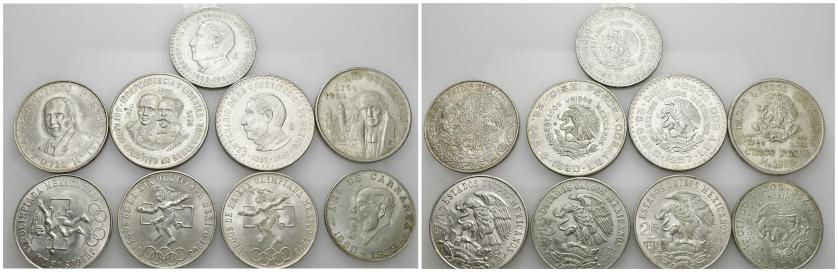 679   -  MONEDAS EXTRANJERAS. MÉXICO. Lote de 9 monedas: 5 pesos 1953 (KM-468), 10 pesos 1957 (KM-475), 10 pesos 1960 (KM-476), 25 pesos 1972 (KM-480), 25 pesos 1968 (3: KM 479.1 y 1 KM 479.2); 5 pesos 1957 (KM-470) y 1959 (KM-471). De EBC- a SC.