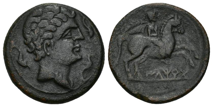 68   -  HISPANIA ANTIGUA. ILTIRTA. As. A/ Cabeza masculina a der. con cuello vestido, alrededor tres delfines. R/ Jinete con palma a der., debajo sobre línea ILTiRTa. AE 12,64 g. 28,2 mm. I-1465. ACIP-1264. Pátina oscura. MBC.