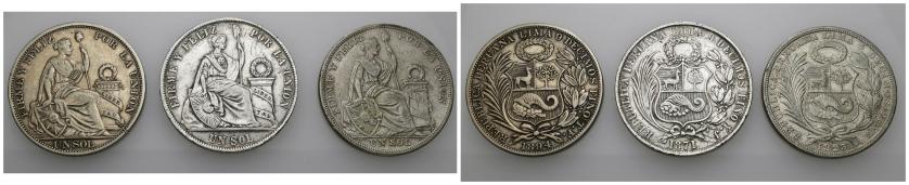 684   -  MONEDAS EXTRANJERAS. PERÚ. Lote de 3 monedas de 1 sol: 1871, 1894 y 1923. MBC.