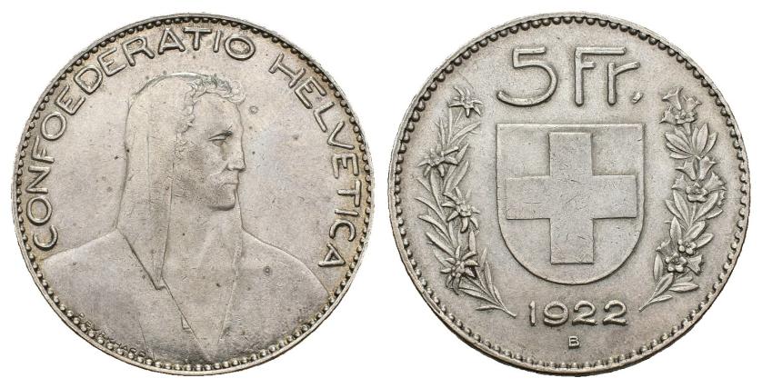 688   -  MONEDAS EXTRANJERAS. SUIZA. 5 francos. 1922. B. AR 25,04 g. 37,3 mm. KM-37. MBC+.
