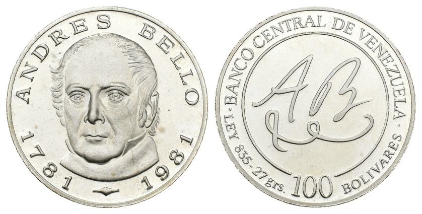 691   -  MONEDAS EXTRANJERAS. VENEZUELA. 100 bolívares. 1981. Andrés Bello. AR 26,90 g. 36,8 mm. KM-57. Prueba.