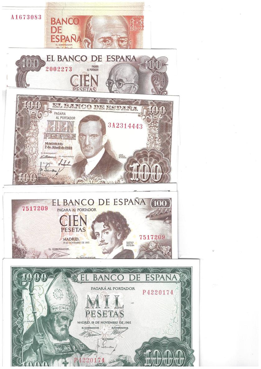 692   -  BILLETES ESPAÑOLES. Lote de 24 billetes: 1000 pts. 1965 (4), 100 pts. 1965 (8), 100 pts. 1953 (4), 100 pts. 1970 (4) y 200 pts. 1980 (4). SC.