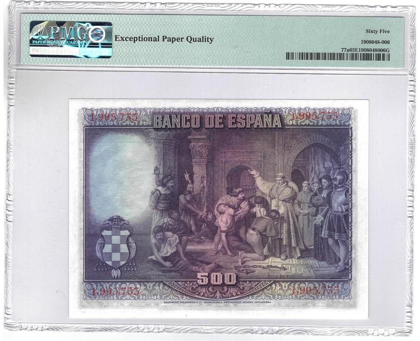 695   -  BILLETES ESPAÑOLES. 500 ptas. 15 de agosto de 1928. Cardenal Cisneros. 5/5. ED-C7. PMG GEM UNCIRCULATED 65 EPQ.  