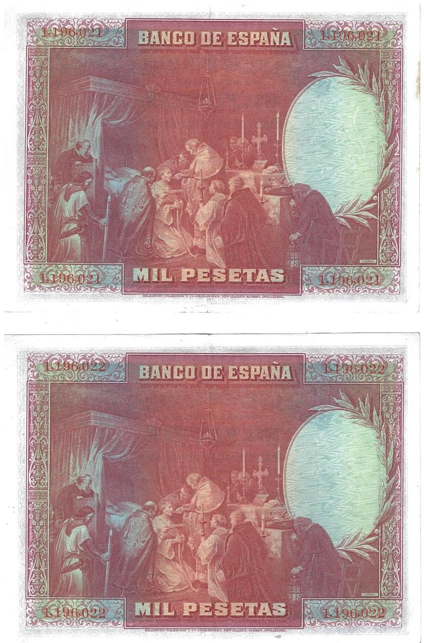 696   -  BILLETES ESPAÑOLES. Lote de 2 billetes. 1000 ptas.  15 de agosto 1928. San Fernando. Pareja correlativa. Sin serie. ED-357. Doblados. EBC.