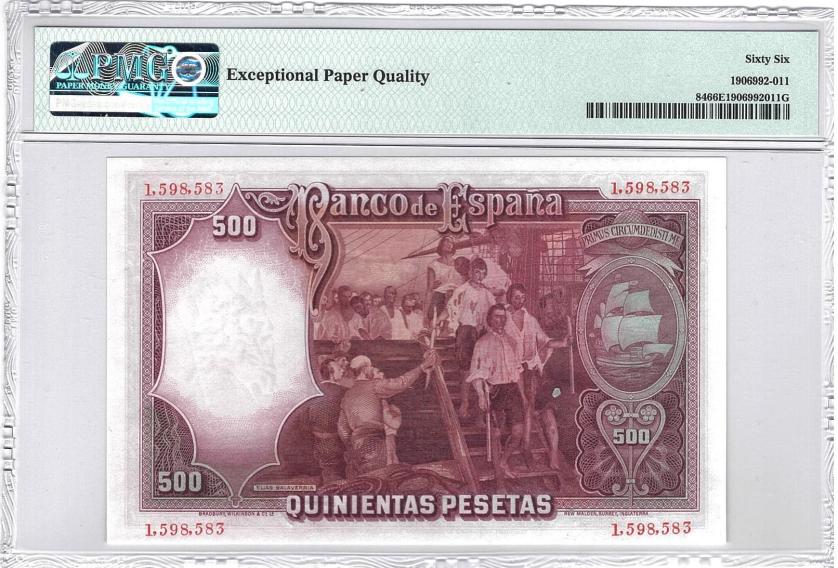 698   -  BILLETES ESPAÑOLES. 500 ptas. 25 de abril de 1931. Juan Sebastián Elcano. ED-C12. PMG GEM UNCIRCULATED 66 EPQ. 