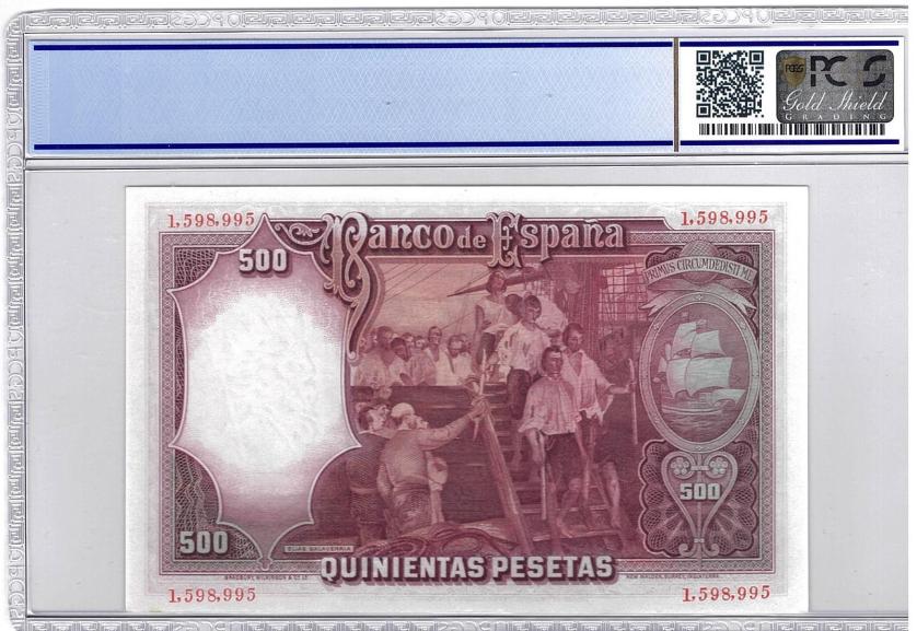 699   -  BILLETES ESPAÑOLES. 500 ptas. 25 de abril de 1931. Juan Sebastián Elcano. Sin serie. ED-361. PCGS GEM UNC 65 OPQ.