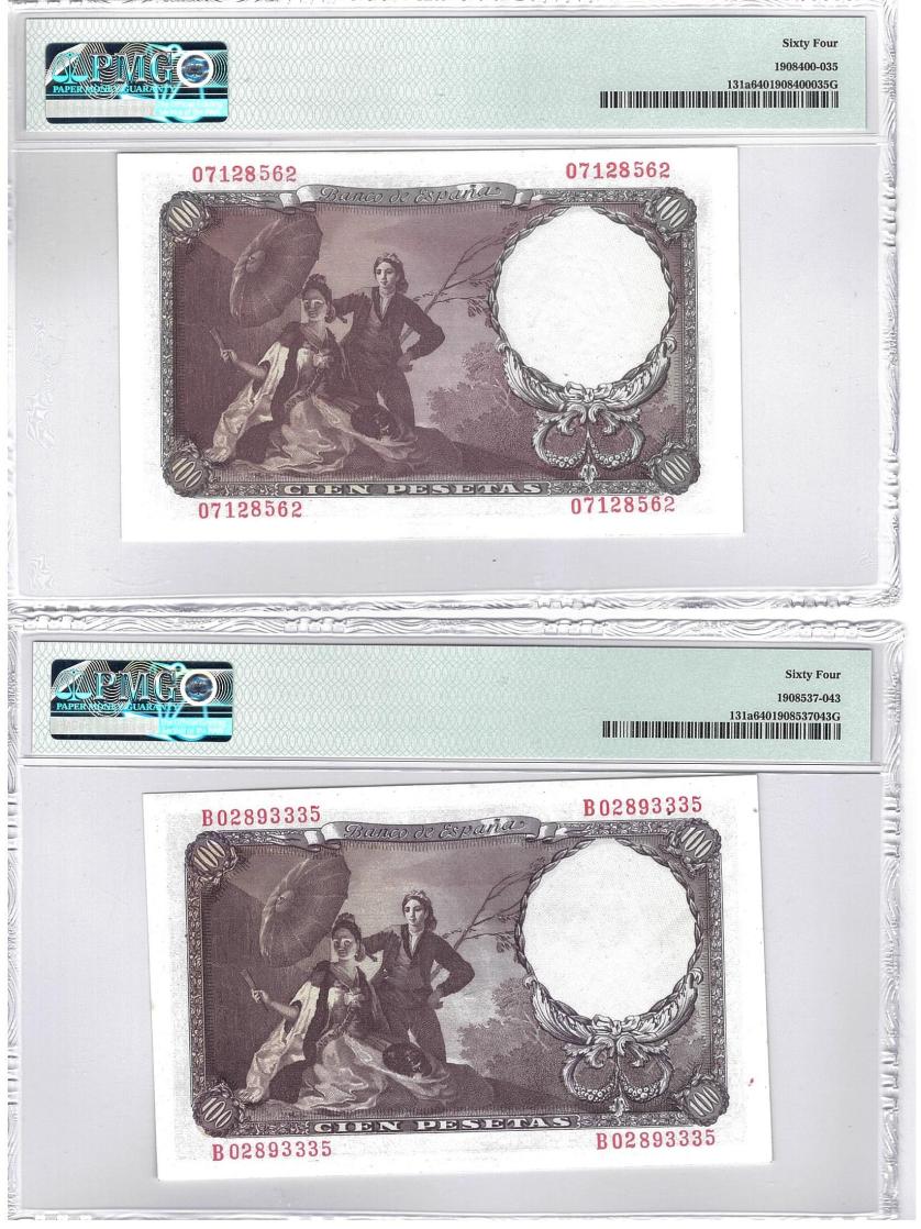 709   -  BILLETES ESPAÑOLES. Lote de 2 billetes. 100 ptas. 19  de febrero de 1946. Francisco de Goya. Pareja correlativa. 5/5. ED-D51. PMG CHOICE UNCIRCULATED 64 ambos. 