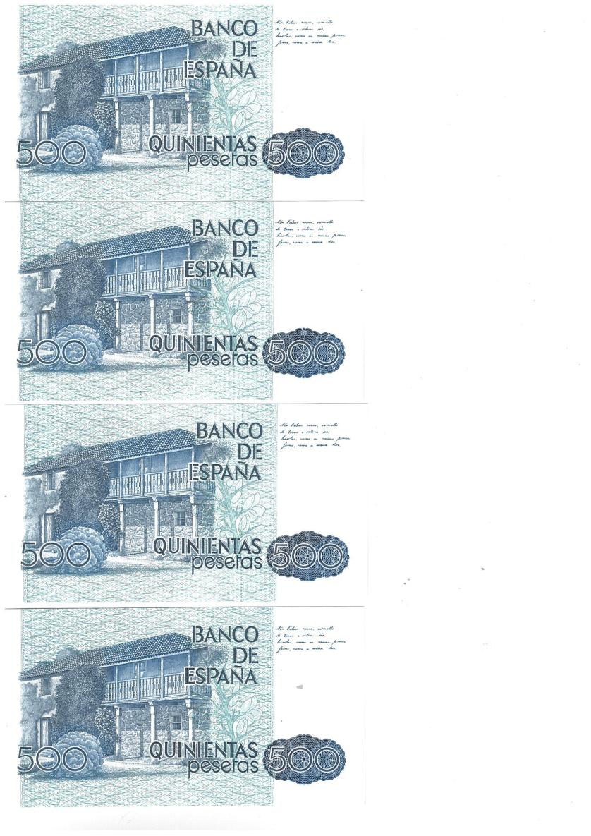 718   -  BILLETES ESPAÑOLES. Lote de 4 billetes. 500 ptas. 23 de octubre de 1979. Todos correlativos. Rosalía de Castro.  Sin serie. ED-476. SC.