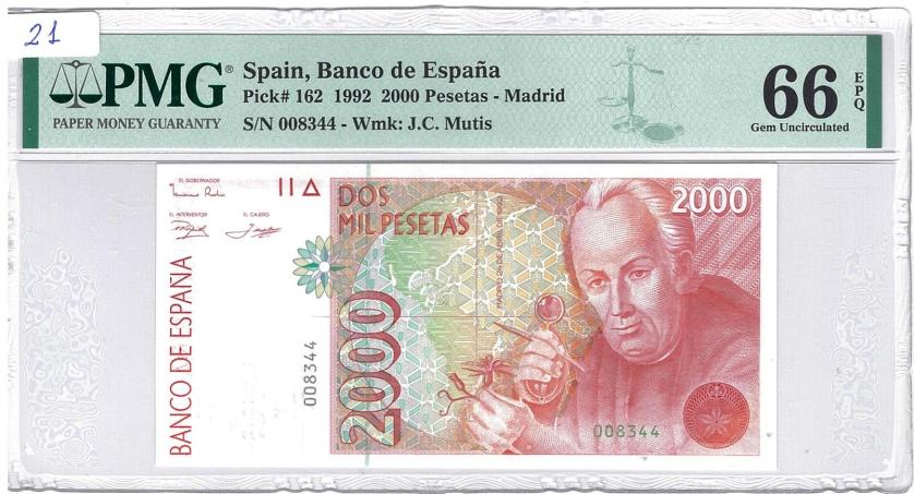 722   -  BILLETES ESPAÑOLES. 2000 ptas. 24 de abril de 1992. J.C Mutis. Sin serie. ED-E8. PMG GEM UNCIRCULATED 66 EPQ. 