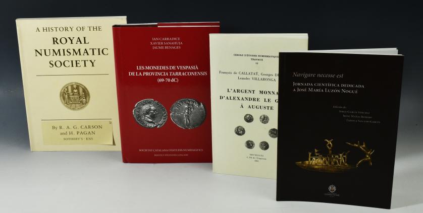 745   -  LIBROS. Lote de 4 libros de numismática y arqueología:  Jorge García Sáchez, Irene Mañas Romero y Fabiola Salcedo Garcés (ed.): Navigare necesse est, Jornada científica dedicada a José María Luzón Nogué, 2016; François de Callataÿ, Georges Depeyrot y Leandre Villaronga, L'argent monnayé d'Alexandre le Grand à Auguste, 1993; Ian Carradice, Xavier Sanahuja, Jaume Benages, Les monedes de Vespasià de la provincia Tarraconensis (69-70 dC), 2010;  A.G. Carson y H. Pagan, A history of the Royal Numismatic Society, 1986. 