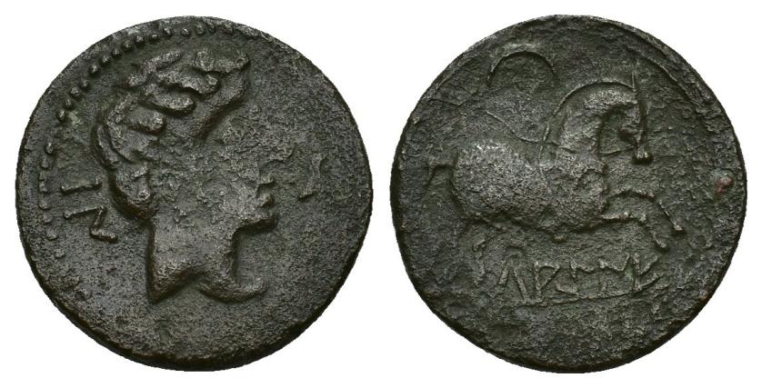 88   -  HISPANIA ANTIGUA. LAKINE. Mitad. A/ Cabeza masculina a der., delante delfín, detrás BaN. R/ Caballo con rienda suelta a der, debajo sobre línea LAKiNE. AE 3,48 g. 19,35 mm. I-1567. ACIP-1506. Vano en anv. MBC/MBC-. Muy rara. Ex Áureo, 21-1-1997, lote 219.