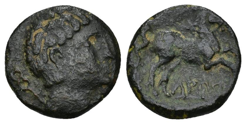 91   -  HISPANIA ANTIGUA. LAURO. Mitad. A/ Cabeza masculina a der., detrás caduceo. R/ Caballo con rienda suelta a der., debajo sobre línea LAURO. AE 4,45 g. 19,19 mm. I-1688. ACIP-1361. Pátina oscura. MBC-/BC+. Rara. Ex ANE, 21-11-1995.