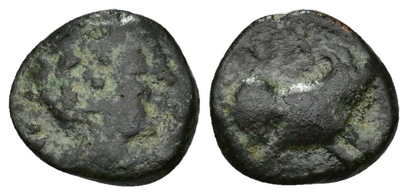 94   -  HISPANIA ANTIGUA. NABRISA. Cuadrante. A/ Cabeza masculina a der. R/ ¿Antílope? a der., encima NA. AE 3,52 g. 16,61 mm. I-1768. ACIP-2637. Pátina oscura. BC. Rarísima. Ex Pliego, 20-12-1999.