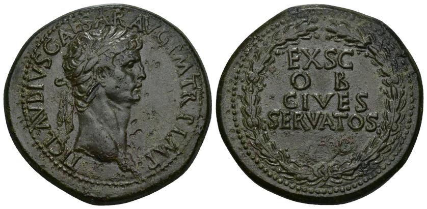 119   -  IMPERIO ROMANO. CLAUDIO I. Sestercio. Roma (41-50 d.C.). A/ Cabeza laureada a der.; TI CLAVDIVS CAESAR AVG P M TR P IMP. R/ Corona cívica rodeando EX S C/ OB/ CIVES/ SERVATOS. AE 27,32 g. 37,7 mm.  RIC-96. Pequeñas erosiones. Pátina verde oscuro. MBC+/EBC-. 