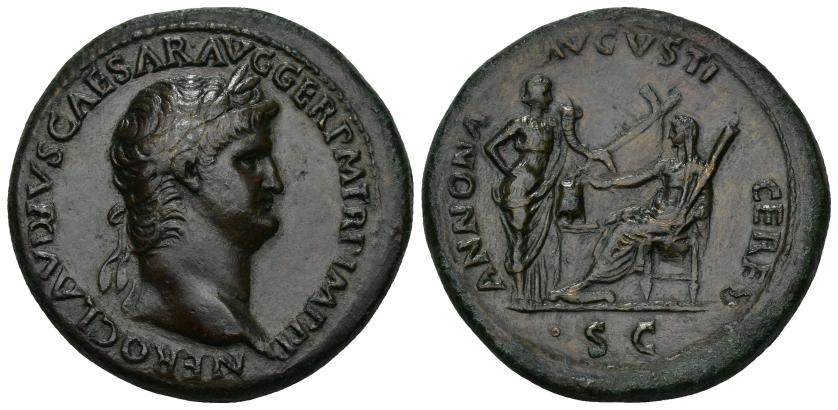 127   -  IMPERIO ROMANO. NERÓN. Sestercio. Roma (62-68 d.C.). A/ Cabeza laureada a der.; NERO CLAVDIVS CAESAR AVG GER P M TR P IMP P P. R/ Ceres sentada a izq. con antorcha y espigas, frente a ella Annona con cornucopia, en medio modio y detrás popa de nave; exergo S C; ANNONA AVGVSTI CERES. AE 27,18 g. 35,8 mm. RIC-139. Campos repasados. Pátina marrón. MBC+. Muy escasa.