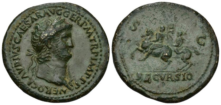 129   -  IMPERIO ROMANO. NERÓN. Sestercio. Roma (62-68 d.C.). A/ Cabeza laureada y con égida al cuello a der.; NERO CLAVDIVS CAESAR AVG GER P M TR P IMP P P. R/ Nerón galopando a izq. con manto al viento y lanza, detrás otro jinete con vexillum., en campo S-C, en exergo DECVRSIO. AE 26,21 g. 38,4 mm. RIC-165. Pátina verde con pequeñas erosiones. MBC. Ex subasta BanK Leu, Zúrich (29-3-1979).