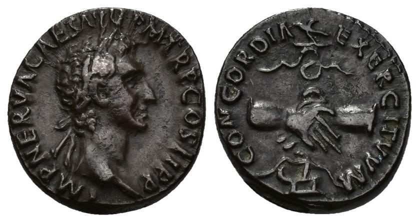 155   -  IMPERIO ROMANO. NERVA. Denario. Roma (96 d.C.). A/ Cabeza laureada a der.; IMP NERVA CAES AVG P M TR P  COS II P P. R/ Manos enlazadas con aquila sobre proa; CONCORDIA EXERCITVVM. AR 3,45 g. 17,5 mm. RIC-3. MBC/MBC+.