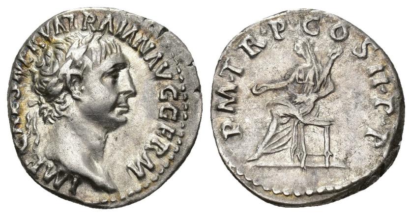 158   -  IMPERIO ROMANO. TRAJANO. Denario. Roma (98-99 d.C.). R/ Vesta sentada a izq. con pátera y antorcha; P M TR P COS II P P. AR 3,51 g. 18,5 mm. RIC-9. MBC+.