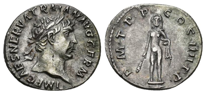 159   -  IMPERIO ROMANO. TRAJANO. Denario. Roma (101-102). R/ Hércules sobre un pedestal, con leonté y clava; P M TR P COS III P P. AR 2,88 g. 16,5 mm. RIC-49. EBC-.Ex subasta Áureo 100 (1998), lote 1096