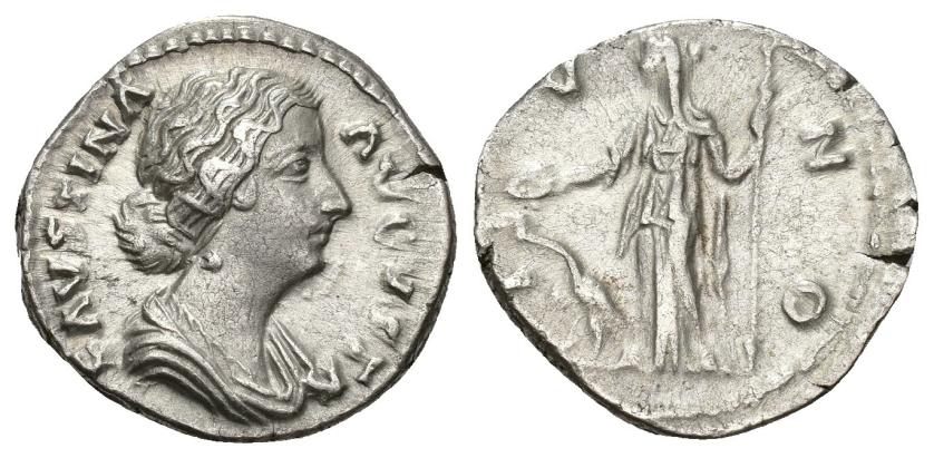 180   -  IMPERIO ROMANO. FAUSTINA LA MAYOR (bajo Marco Aurelio). Denario. Roma (161-176). R/ Juno a izq. con pátera y cetro, delante pavo real; IVNO. AR 3,37 g. 17,8 mm. RIC-688. EBC-/MBC+.